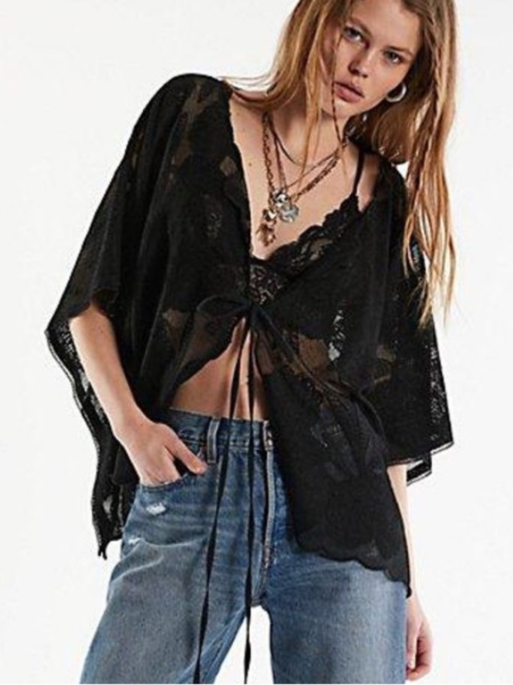 Free People Willow Tie Front Cape Black OS Fits All - Picture 2 of 11